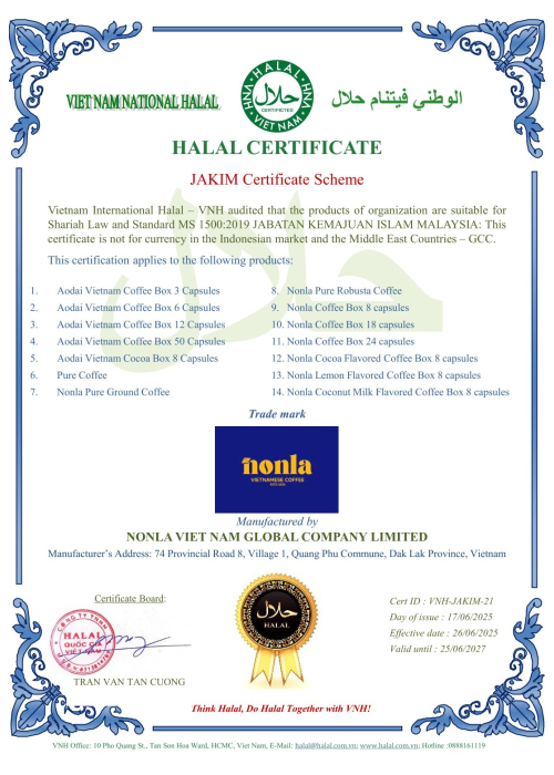 Xác nhận toàn bộ quy trình sản xuất đều tuân thủ tiêu chuẩn Halal quốc tế.