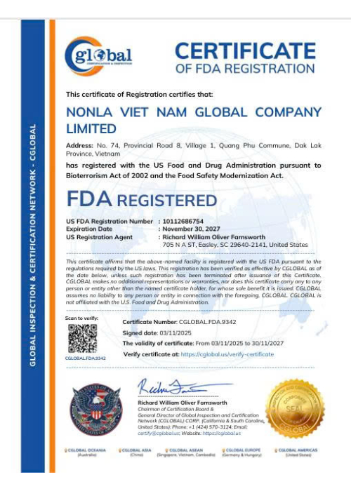 Chứng nhận Đăng ký FDA Hoa Kỳ (U.S. FDA Registration Certificate)