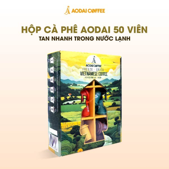 Hộp 50 Viên Cafe Hòa Tan Sấy Thăng Hoa Nguyên Chất AODAI COFFEE Từ Hạt Cafe Robusta - 6 Cấp Độ Vị